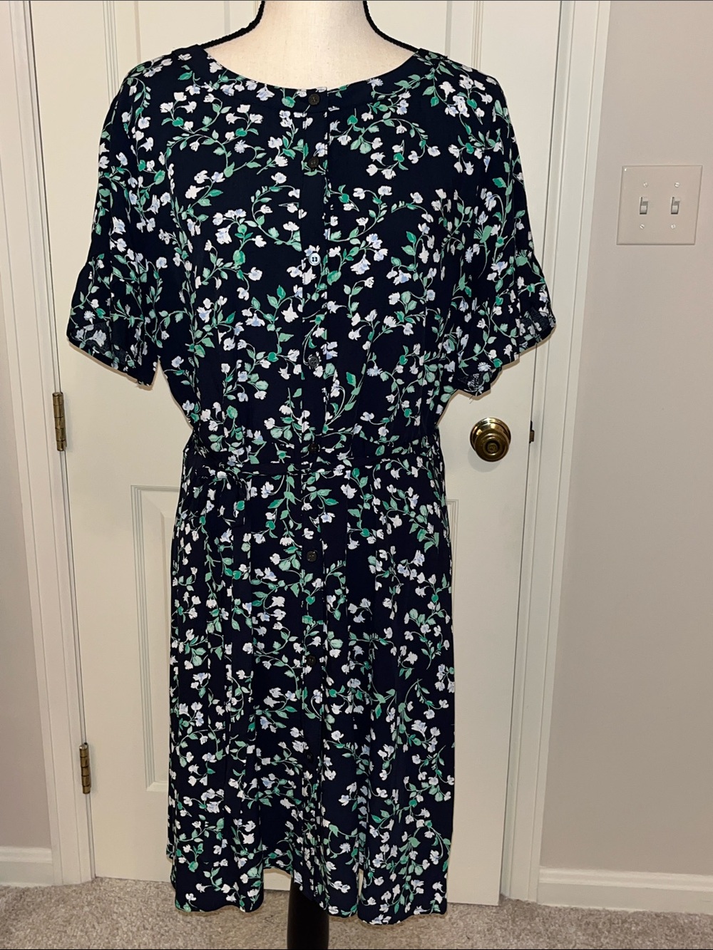 LOFT Navy Floral Button-Front Midi Dress